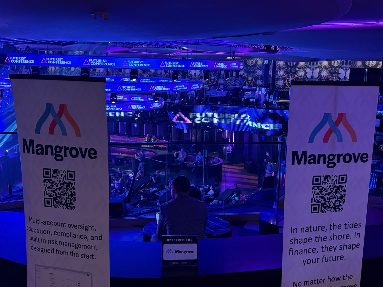 Mangrove banners framing the main stage arena at Blockchain Futurist Conference