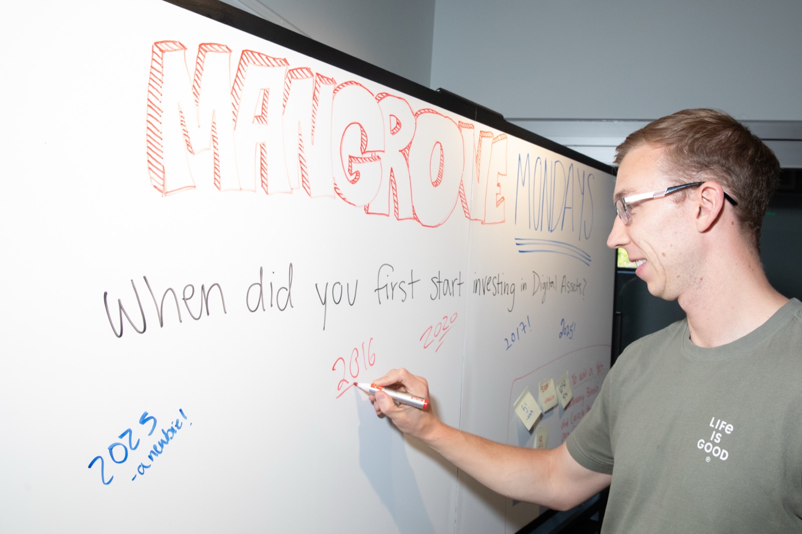 An attendee writing on the Mangrove whiteboard
